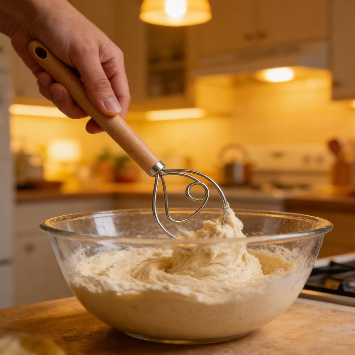 Stainless Steel Dough Whisk with Wood Handle,Premium Bread Whisk for Baking, Rust-Proof Kitchen Utensil