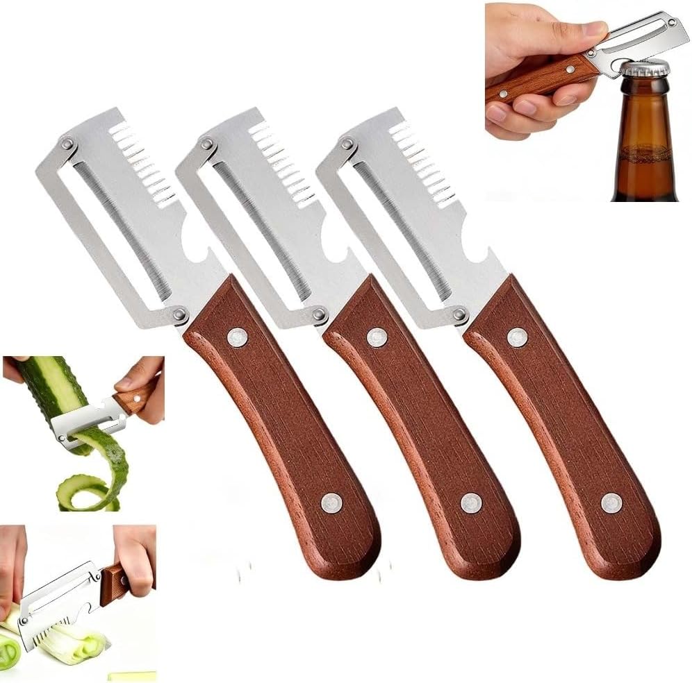 Multifunctional Vegetable Peeler with Sharp Stainless Steel Blade & Wooden Handle, 2-in-1 Kitchen Tool with Bottle Opener, Efficient Peeling for Vegetables & Fruits (2 PCS)