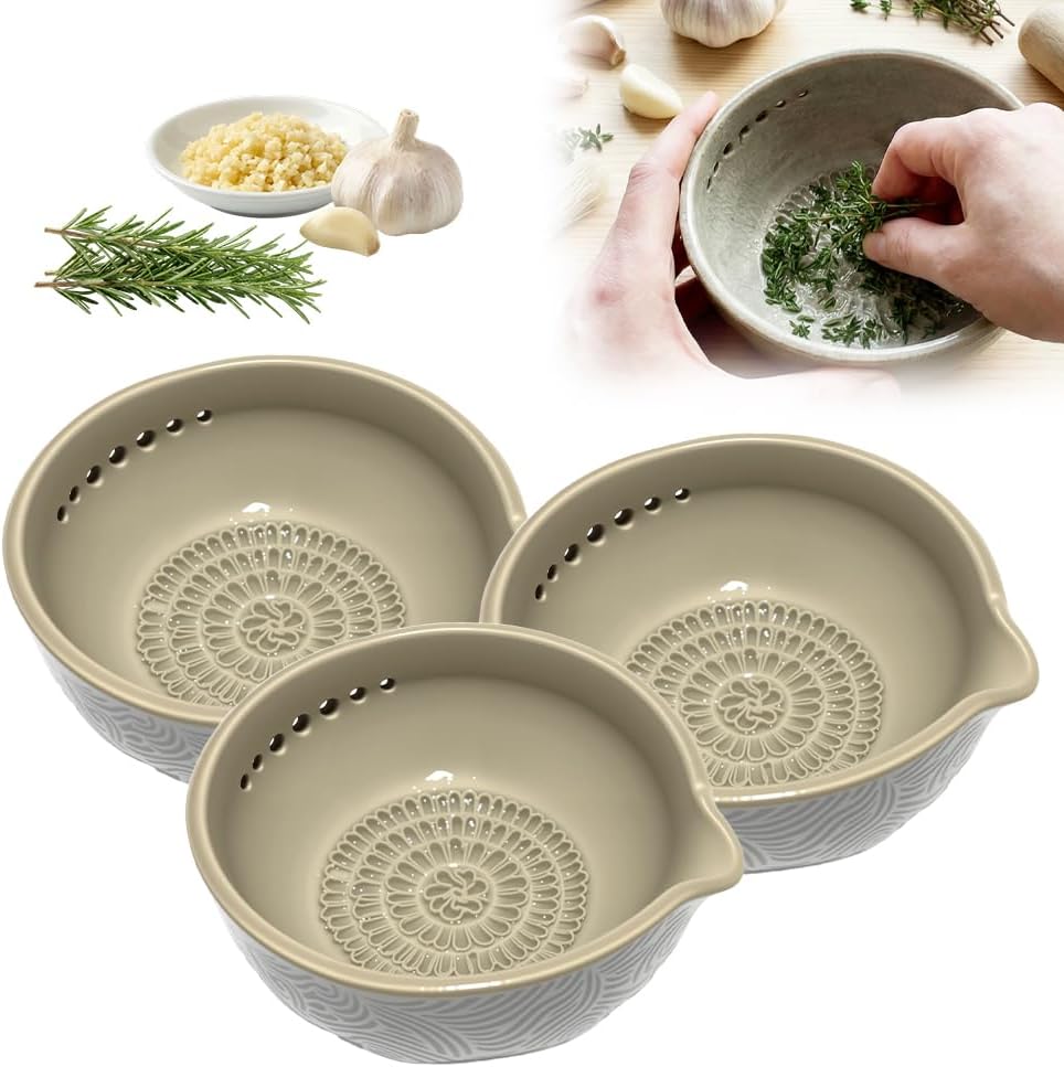Handmade Garlic Grater and Herb Bowl,Herb Stripper Bowl with Grater,2-in-1 Stoneware Kitchen Prep Tool with 7 Hole Sizes (2 PCS)