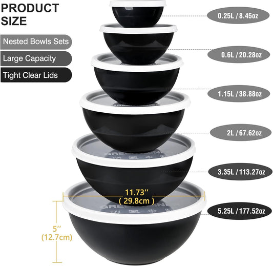 Greentainer Plastic Mixing Bowls with Lids Set for Kitchen, 6 Set Nesting Bowls for Mixing, Baking, Prepping, Cooking and Serving Food, Mixing Bowls Dishwasher, Microwave Safe