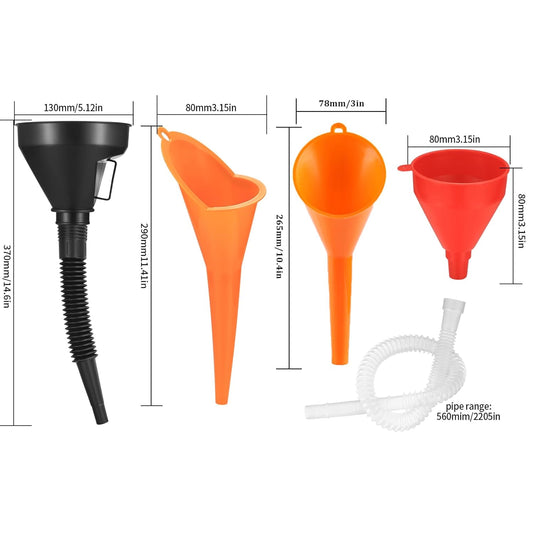 5 Pcs Automotive Funnels Set, Wide Mouth Fuel Funnel, Plastic Long Neck Oil Funnel, Flexible Right Angle Funnels, with Detachable Spout and Filter for Water/Gasoline/Coolant/Engine Oil