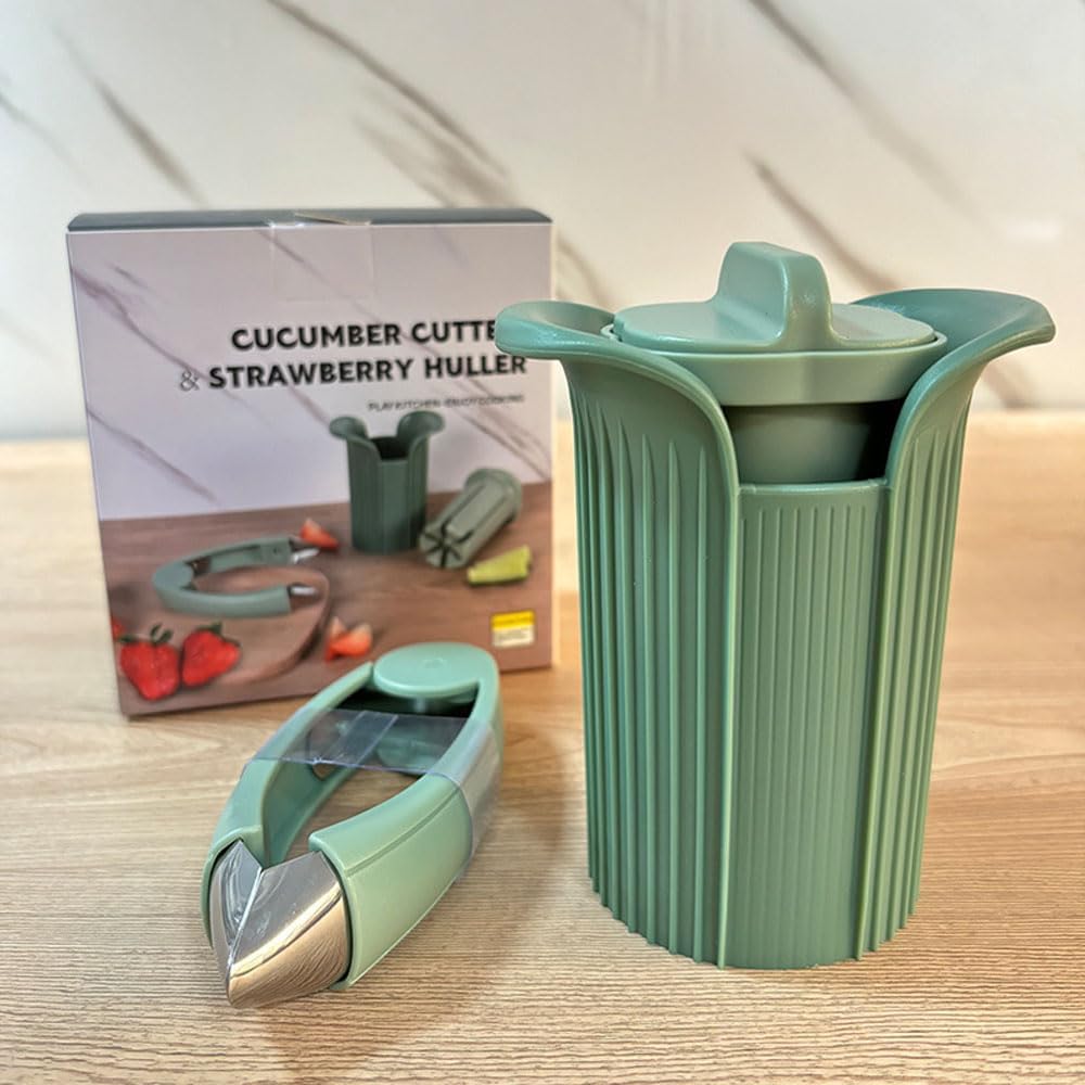 Efficient Cucumber Cutting & Strawberry Seed Removing Set: Kitchen Gadget, Easily Handle Fruit/Vegetable Strip - cutting and Seed - removing with One Button, Enjoy Convenient Cooking, Green