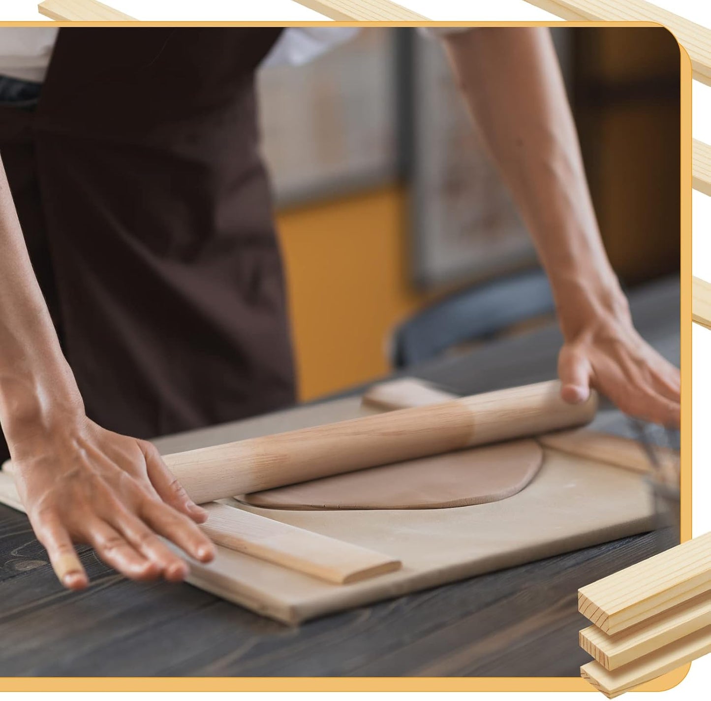 FairySandy 11 Pcs Pottery Teaching Rolling Mud Stick Guide and Wood Rolling Pin Set Include 10 Pcs 15.8 x 0.8 Inches Mudboard Guide and Clay Roller Tools for Manual Self Made Clay Gift Decoration