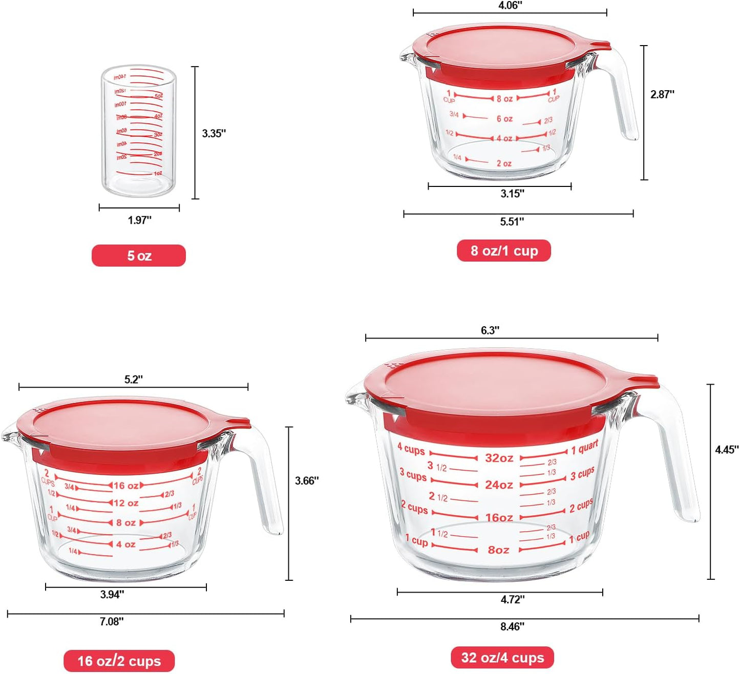KOMUEE 4 Piece Glass Measuring Cups Set, 5 Oz, 1-Cup, 2-Cup, 4-Cup Liquid Measuring Cups with Lids for Kitchen, Freezer and Microwave Safe