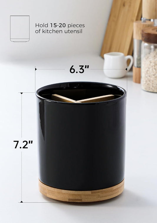 LoeJan 6.7" Utensil Holder, Ceramic Kitchen Utensil Holder with Cork Bottom, Large Utensil Crock for Countertop, Vintage Cooking Tool Organizer Set for Kitchen Counter Decor(White)