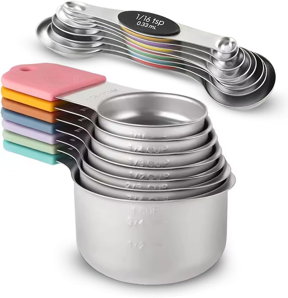 15 PCS Magnetic Measuring Spoons & Cups Set - 18/8 Food Grade Stainless Steel, Double Sided, Dishwasher Safe - Easy Read & Stackable for Effortless Storage