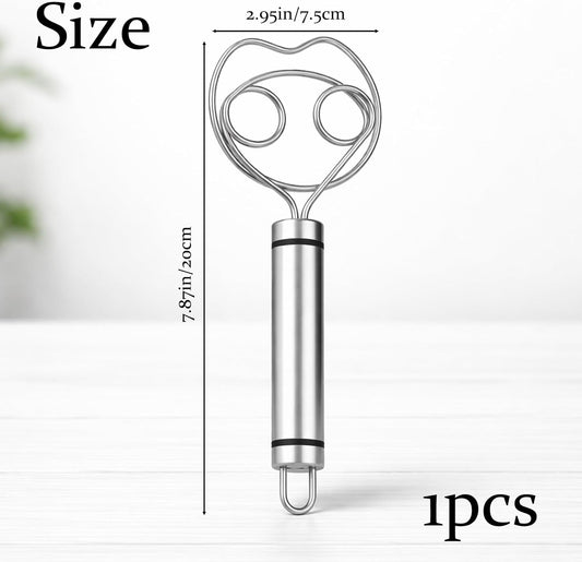 1PCS Stainless Steel Danish Whisk & Bread Whisk - 304 Steel Egg Beater & Dough Mixing Tool with Double Coil - Professional Baking Tool for Pastry & Bread Making