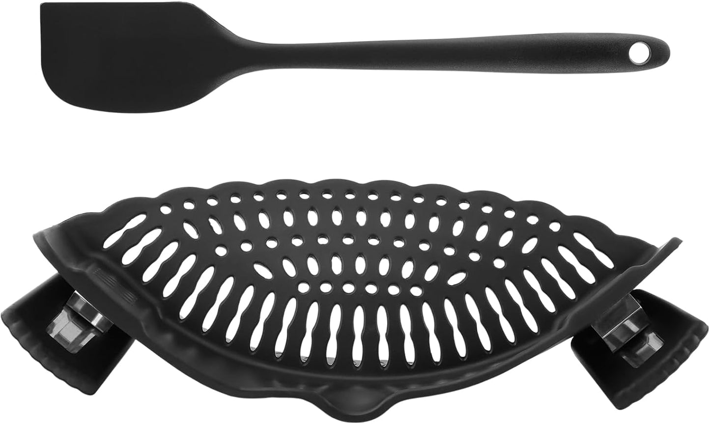 Clip on Strainer with Scraper,Silicone Strainer for Pots and Pans Adjustable Pasta Colander for Meat Vegetables Fruit Universal Fit For All Utensils(COLOR:black)