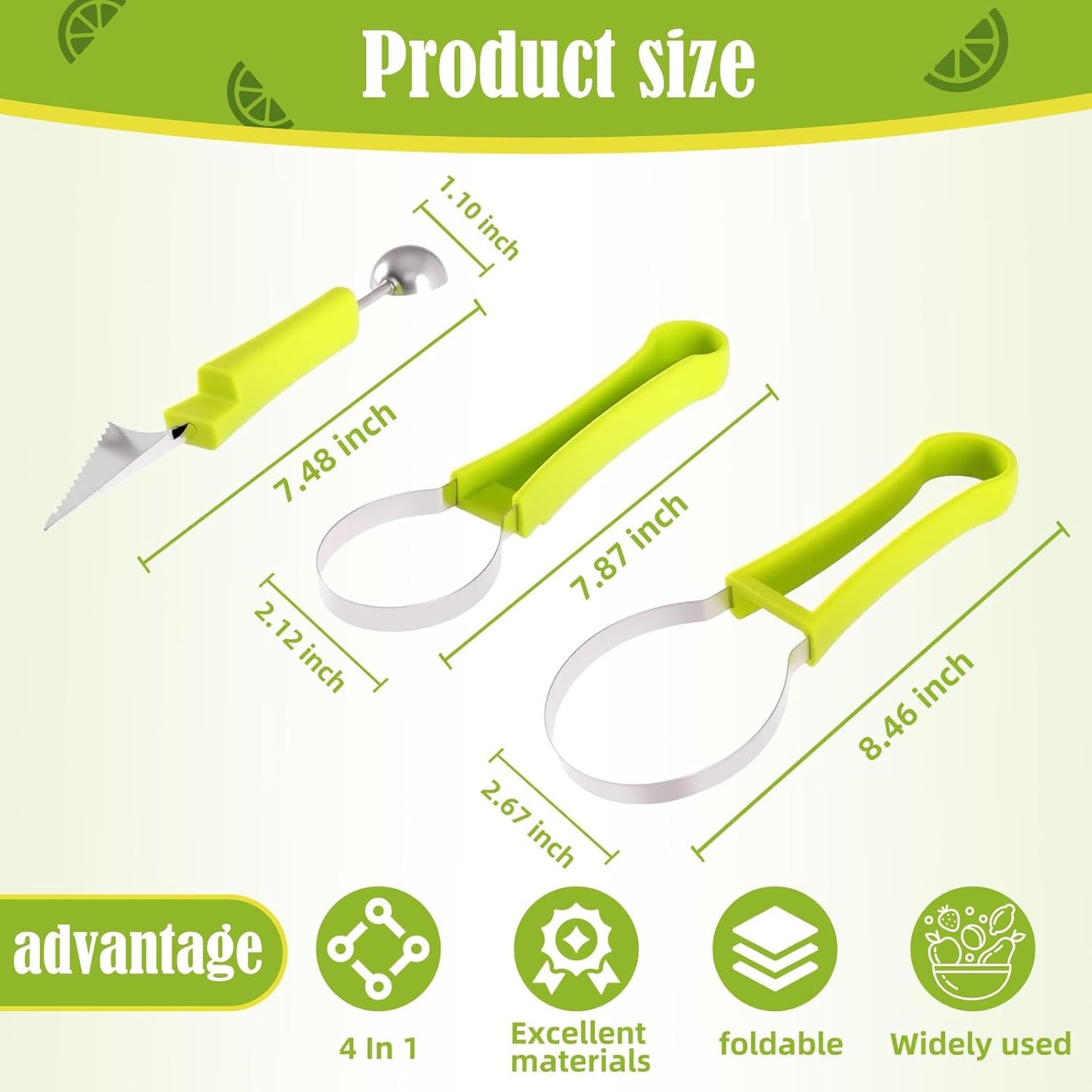 Suuker Melon Baller Scoop Set,4 In 1 fruit cutters shapes, watermelon scooper fruit scooper and baller, fruit carving tools(Green)