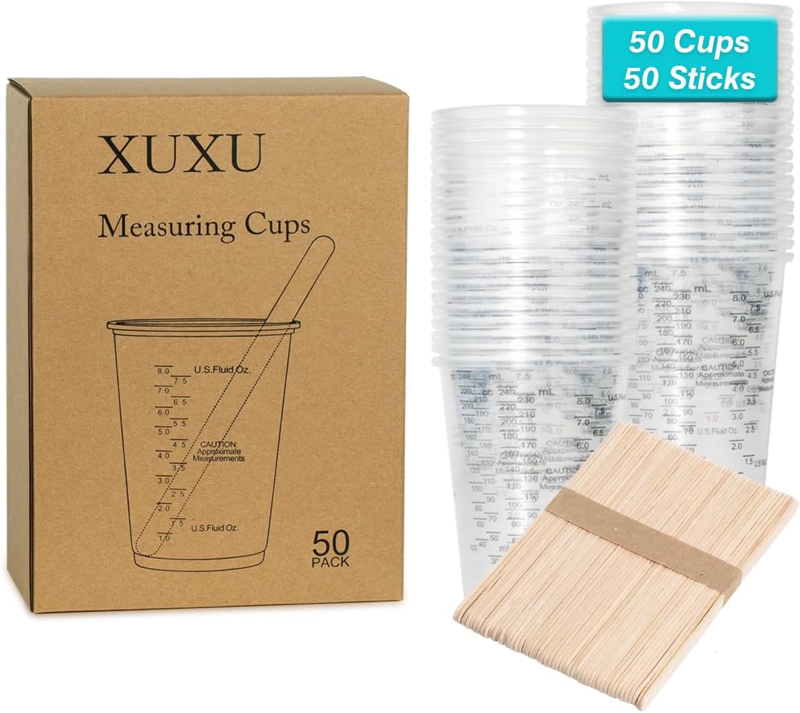 XUXU 100pcs 8oz Graduated Clear Plastic Measuring Cups with 100pcs Wooden Stirring Sticks for Mixing Paint, Pigments, Epoxy Resins, Resins
