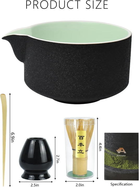 Artcome 4 Pcs Complete Matcha Ceremony Kit - Japanese Bowl With Pouring Spout, Whisk, Holder, Scoop - Tea Set for Making Usucha, Koicha and Latte (Green)