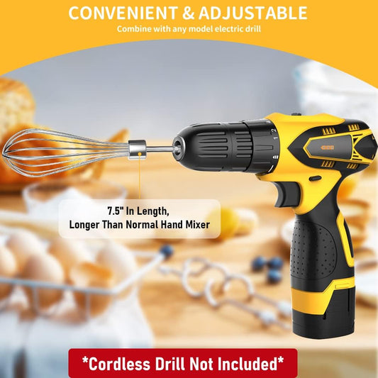 homicozy 3-Piece Stainless Steel Hand Mixer Attachment Set - Whisk, Dough Hook, Egg Beater for Drills - Dishwasher Safe, 9.8 Inch (Drill Not Included) (9.8inch)