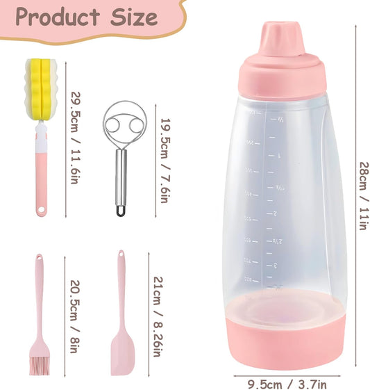 Pancake Batter Dispenser with Wire Whisk, BlenderBall, Silicone Spatula and Brush, Cleaning Brush, 1000 ML Large Capacity Leak-Proof Design for Pancakes Waffles Muffins and Crepes