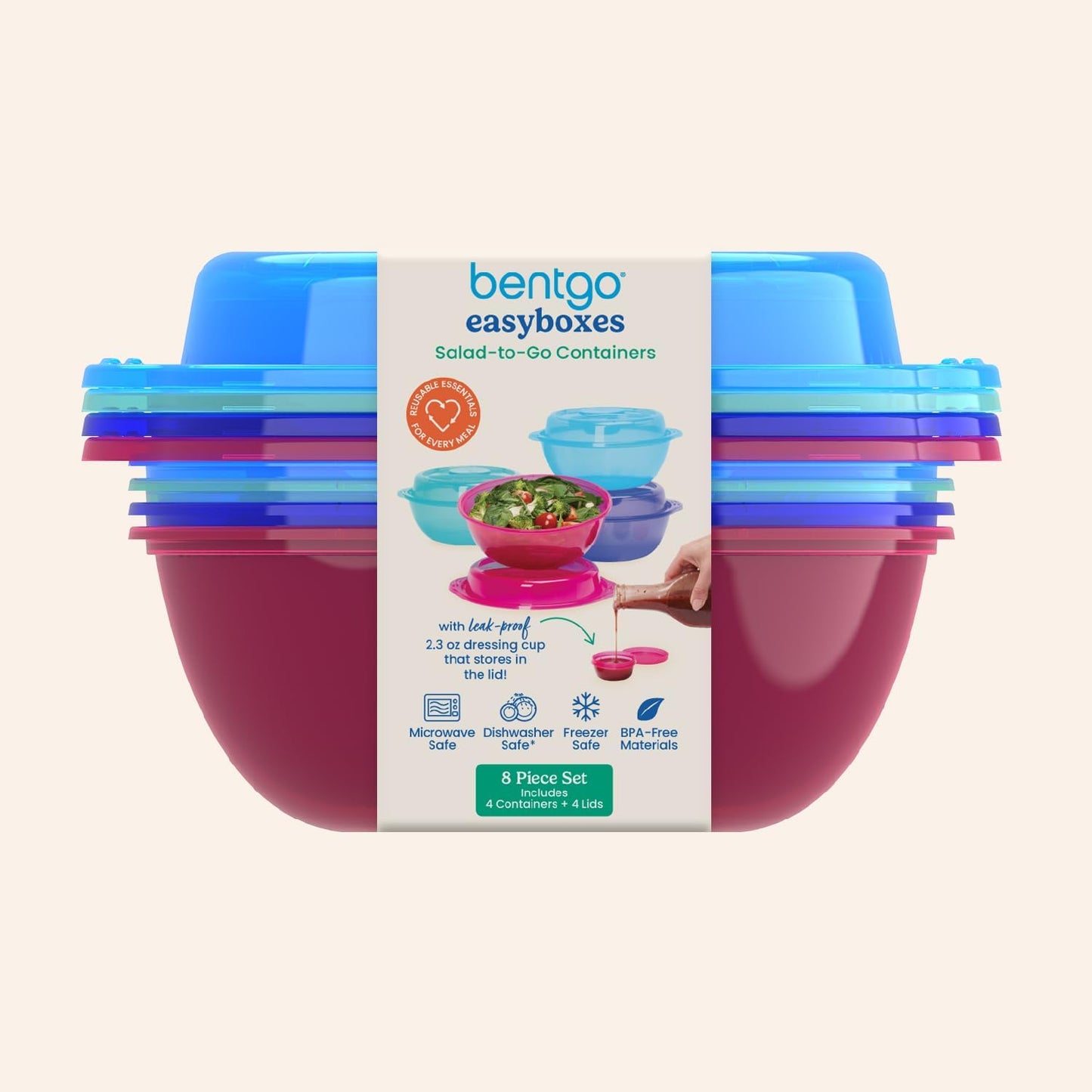 Bentgo Easyboxes Salad-to-Go Containers - 8-Piece Set: 4 Bowls, Leak-Proof Dressing Cups Built-In & 4 Fitted Lids Seal in Freshness; Reusable/BPA-Free for Salad, Pasta, & Cereal (Classic)