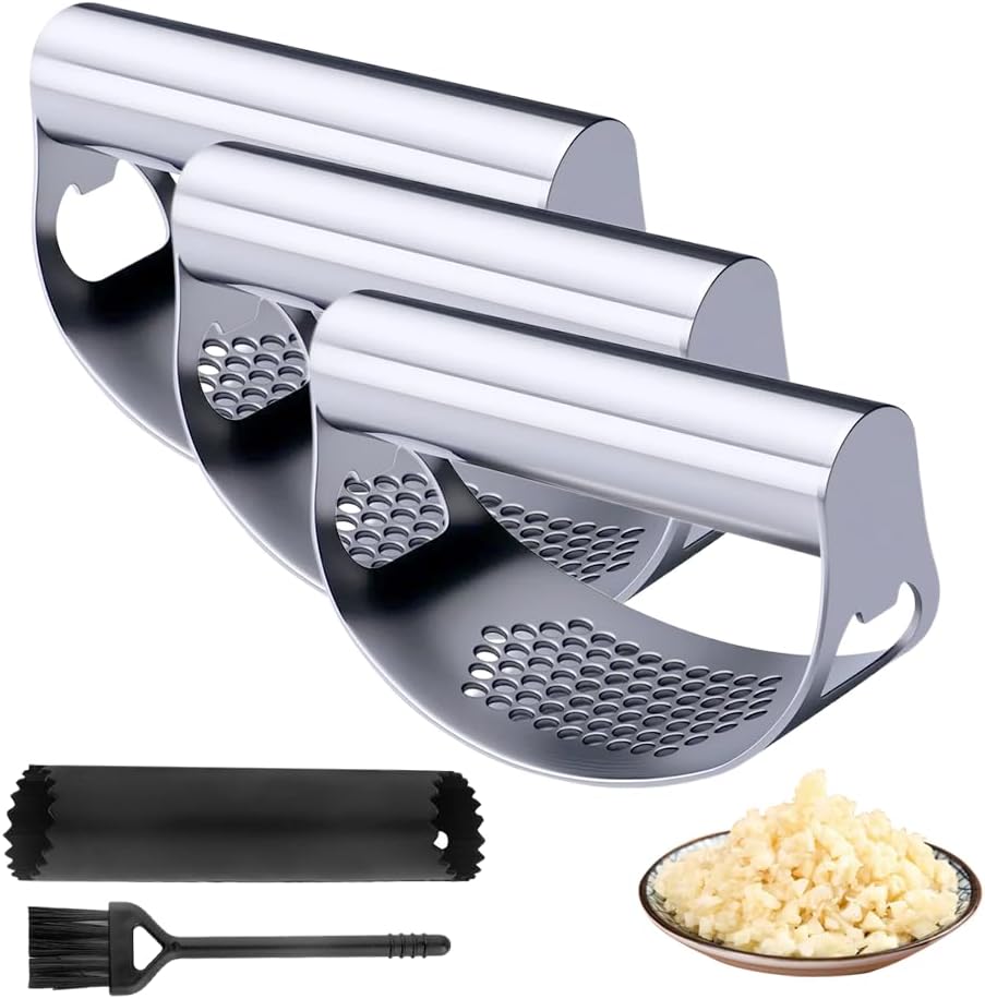 2026 New Garlic Press Rocker, Upgrade Garlic Press Stainless Steel, Portable Manual Stainless Steel Garlic Press Rocker, Innovative Garlic Crusher with Peeler and Scraper (1)