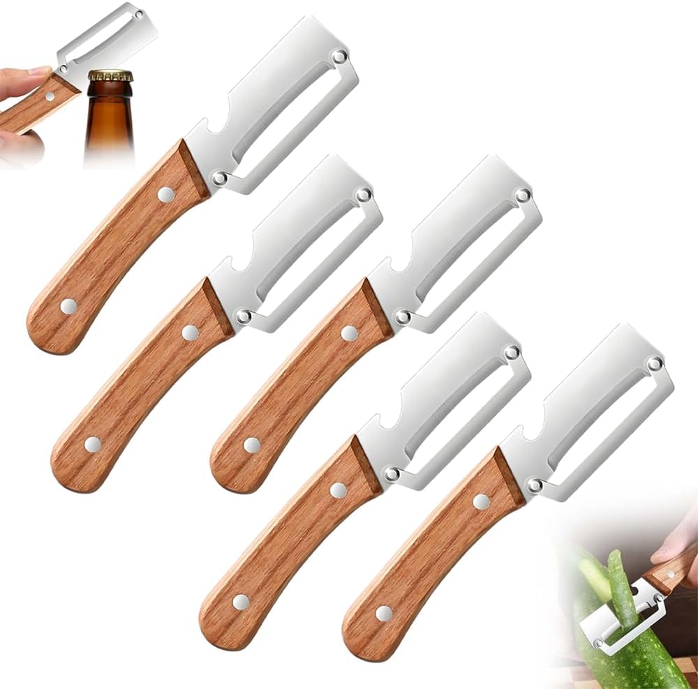 Premium Vegetable Peeler with Wooden Handle and Bottle Opener: 2-in-1 Stainless Steel Kitchen Tool for Fruit Apple Potato Pumpkin Papaya (2 PCS)