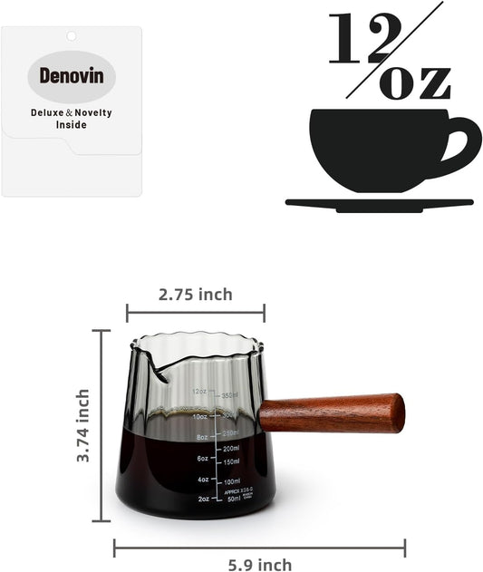 Glass Measuring Cup, 12oz Pour Over Coffee Maker with Wood Handle, Creative V-Shaped Spout Creamer Milk Frothing Pitcher Coffee Carafe Server (2-Gray)