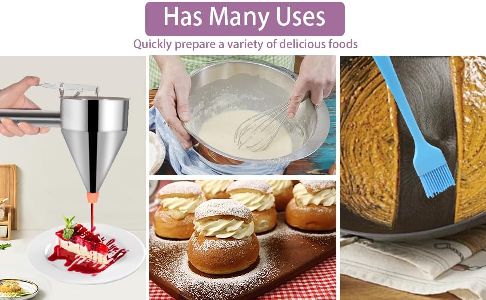 Pancake Batter Dispenser Funnel Cake Maker Cupcake Dispenser Funnel Cake Dispenser Stainless Steel Pancake Mix Dispenser with Squeeze Handle for Batter Baking Food and Candle Pouring, 40oz