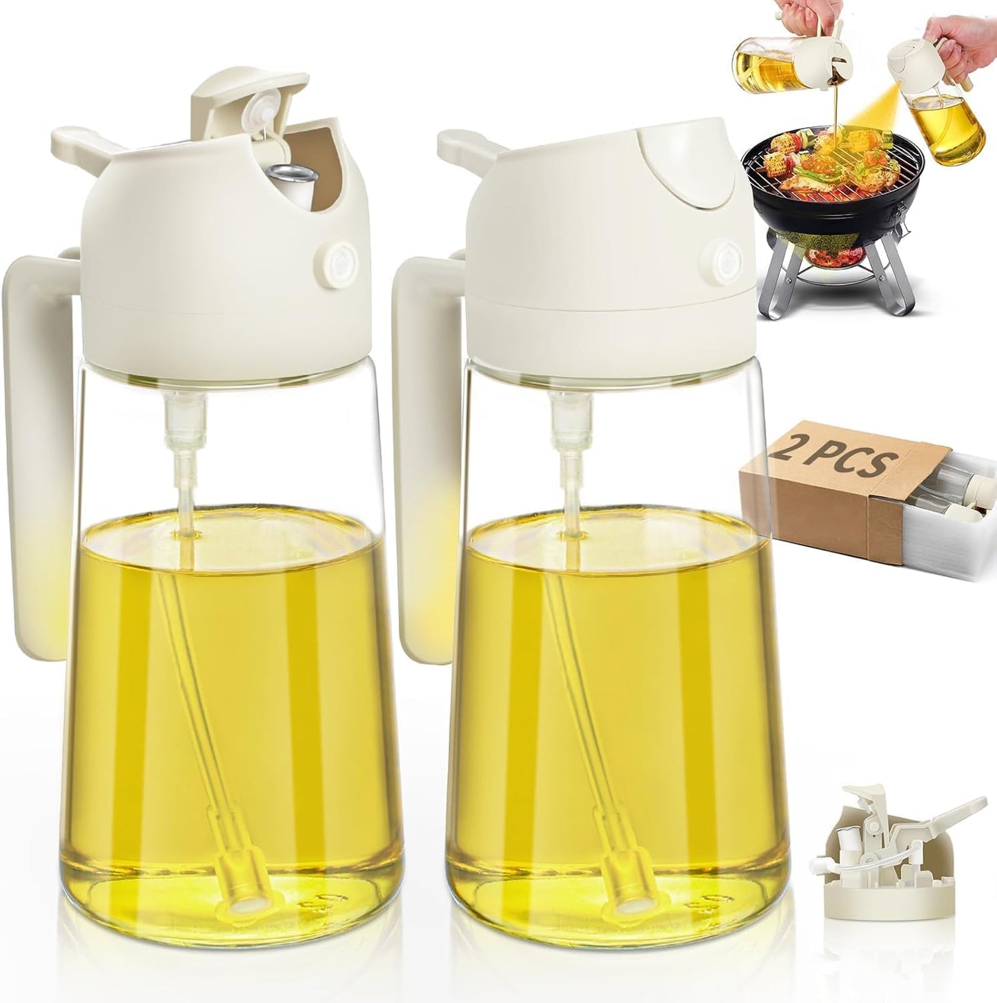2Pcs Glass Oil Sprayer for Cooking 16oz/470ml, Kitchen Gadget for Air Fryer, Salad, BBQ, Frying(White) (Black+Green)