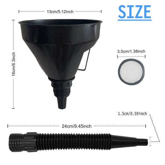 5 Pcs Plastic Oil Funnels for Automotive Use Set, Large Flexible Fuel Funnel, Wide Mouth Fuel Funnels with Detachable Spout and Filter for Water, Gasoline, Coolant, Engine Oil Transfer