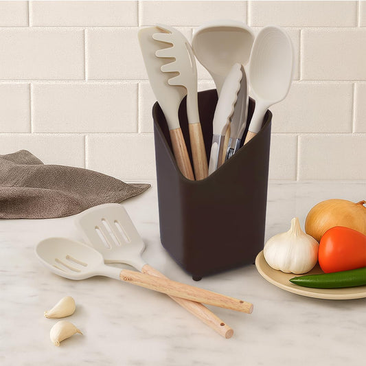 Glad Silicone Kitchen Utensils Set, 8pcs - Nonstick Cooking Tools with Wooden Handles and Utensil Holder - Spatula Set with Turner, Ladle, Spoons, Tongs, and Spaghetti Server - Beige