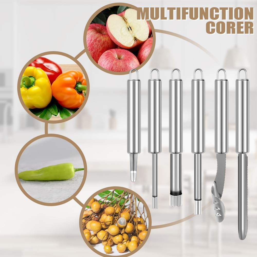 6 PCS Vegetable Corer, Stainless Steel Fruit Corers, Kitchen Corer Tool, Multi-function Corers and Pitter Remover Set for Apple, Pear, Cherry, Zucchini, Jujube, Chili, Jalapeno Pepper, Tomato