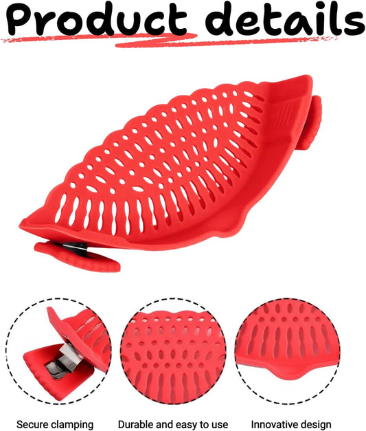 2 PACK Silicone Clip-on Strainer - Fits Pots, Pans & Pasta, Hands-Free Food Strainer for Ground Beef, Spaghetti, Pasta, Compatible with All Bowls and Pots