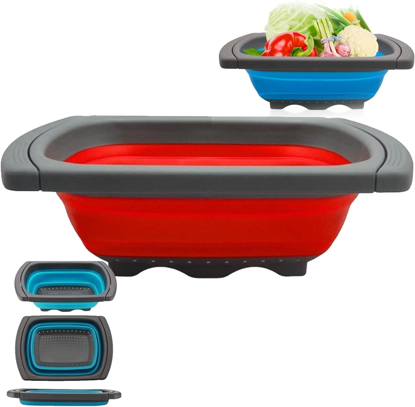 6 Quart Collapsible Colander Strainer Over the Sink, Extendable Handles Kitchen Vegetable Fruit Pasta Strainer Basket, Space-Saving Silicone Food Grade, Dishwasher Safe (Blue)