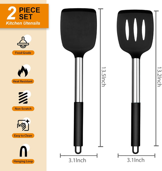 E-far Cooking Utensils Set of 4, Silicone Kitchen Utensils for Non-stick Cookware, Heat Resistant & Non-toxic Slotted Spatula Solid Spoon Turner for Flipping Mixing Serving Basting(Black)