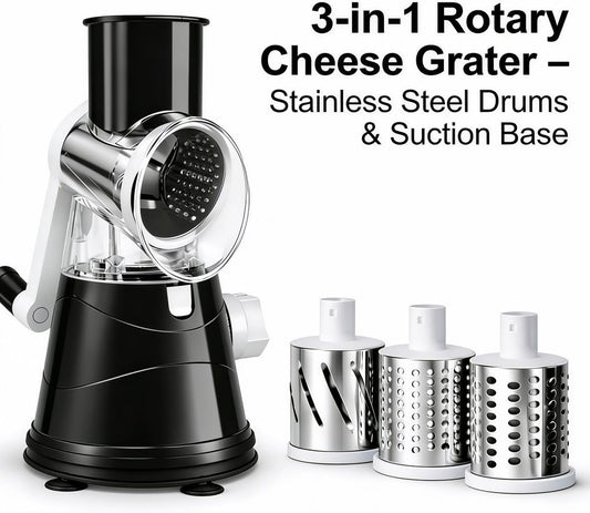 3-in-1 Rotary Cheese Grater, Hand Crank Shredder with 3 Interchangeable Blades for Cheese, Veggies, Nuts, Black
