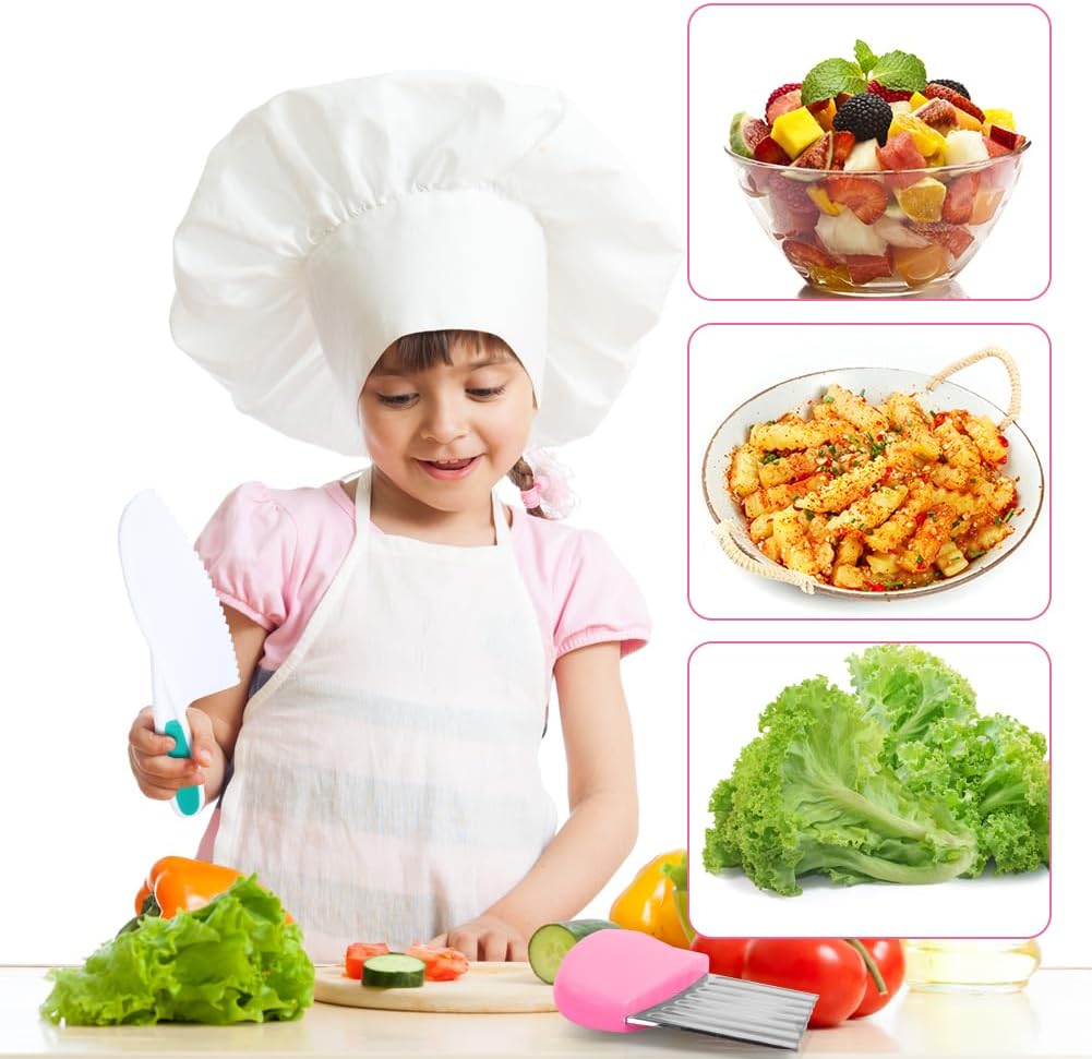 HOTUT Montessori Kitchen Tools,6Pieces Knives for Kids Nylon Kids Safe Cooking Knives Serrated Edges,Y Peeler For Cooking and Cutting Fruit,Suitable for Children and Beginners
