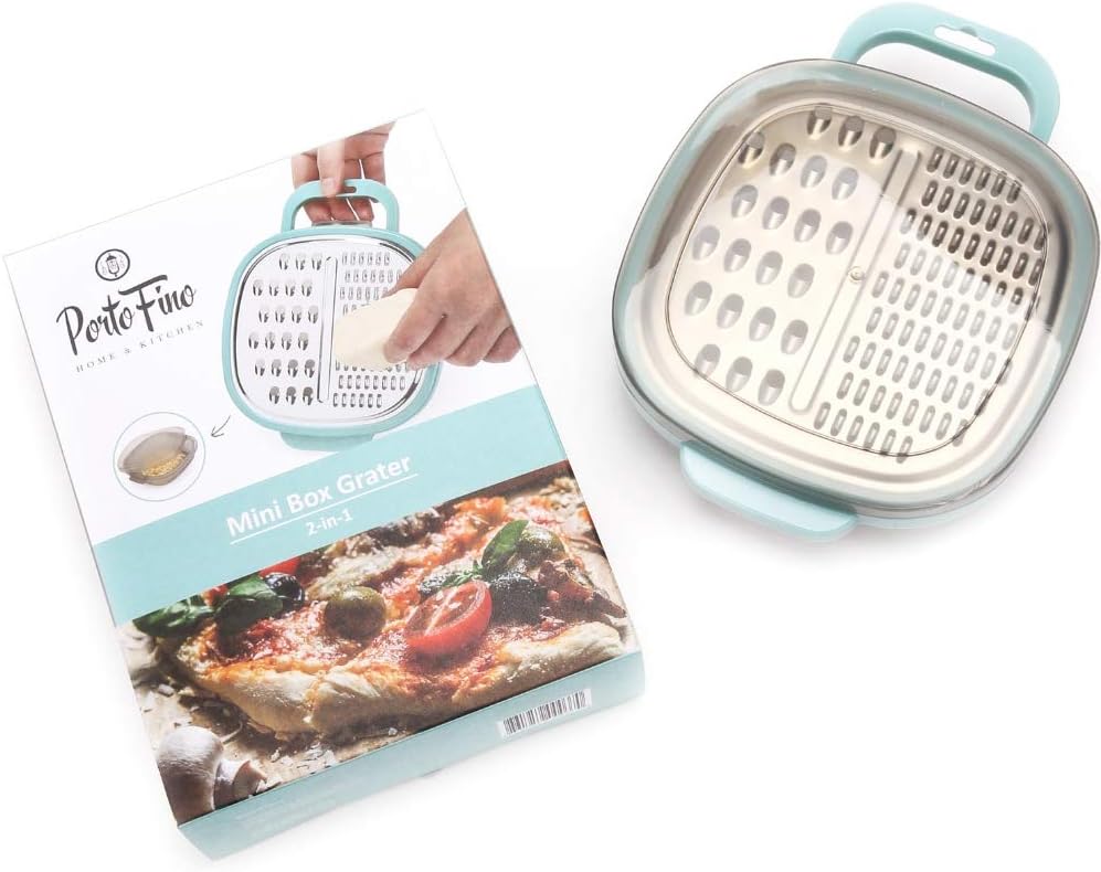 PortoFino Mini Box Grater with Handle, Cheese Grater with Container, 2 in 1 Design for Grating and Storage, Stainless Steel Food Grater with Plastic Storage Container, Dishwasher Safe, Small, Blue