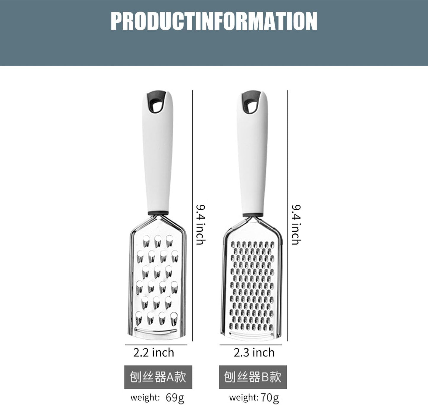 Zester Grater Set of 2, Kitchen Grater Zester Tool for Cheese,Lemon,Nutmeg, Chocolate, Fruits,Vegetables,Zucchini, Carrot, Apple, Cabbage (thick shreds&thin shreds)