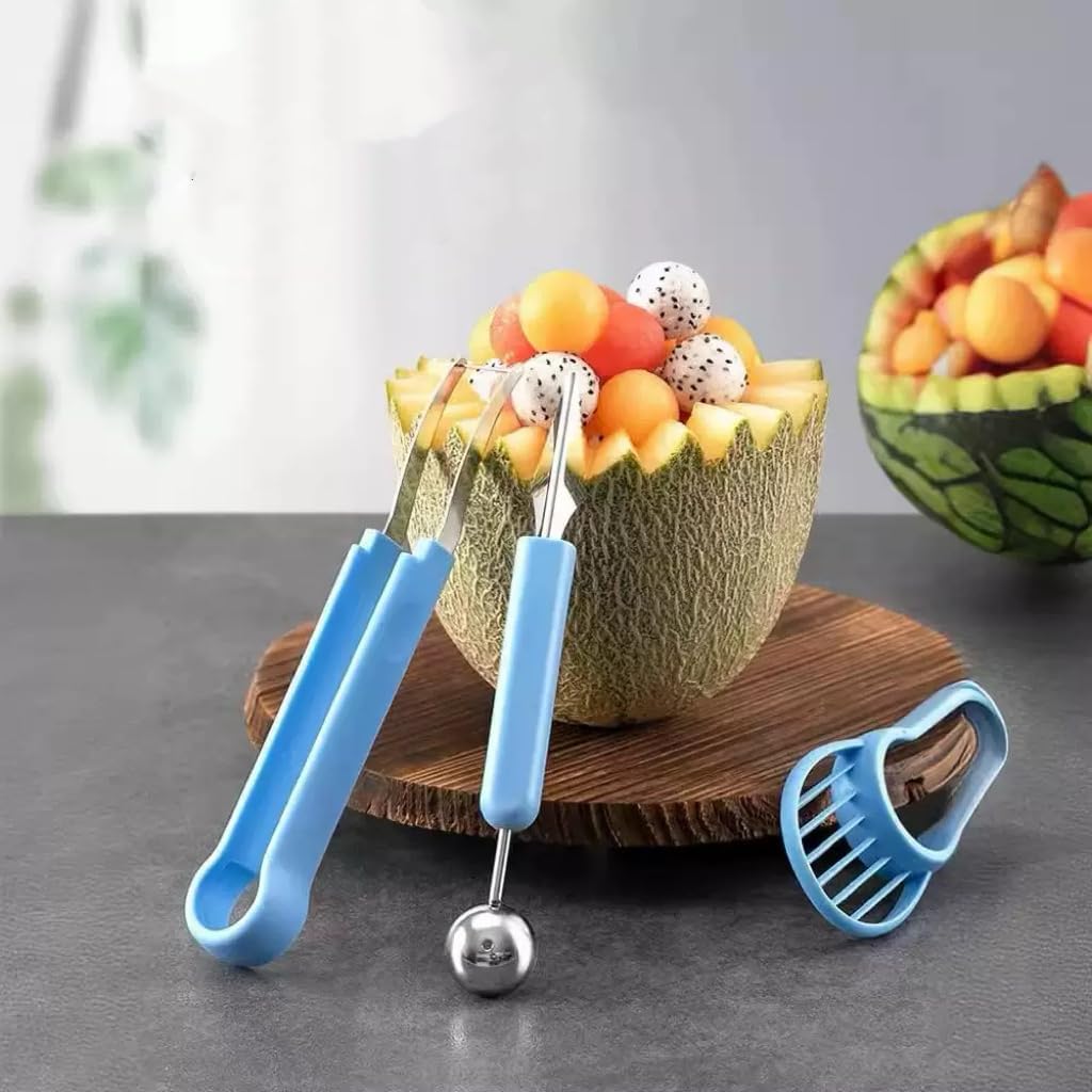 4 in 1 Melon Baller Set with Watermelon Slicer, Ice Cream Scoop & Knife, Stainless Steel, Blue