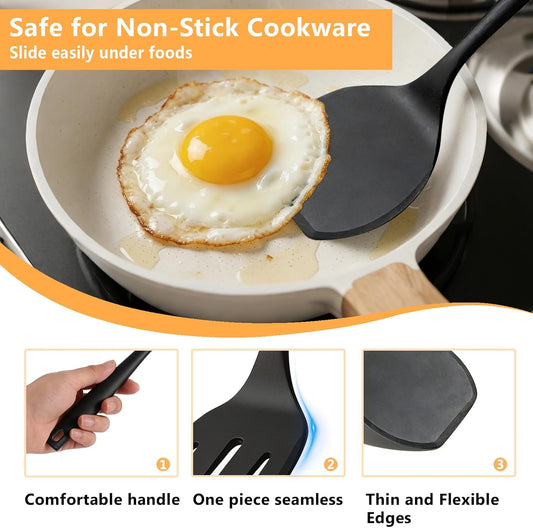 Silicone Spatula Turner Set, 600°F High Heat Resistant Spatulas for Cooking, BPA Free, Large Flexible Kitchen Utensils Flipping Eggs, Pancakes, Fish, Burgers, Dishwasher Safe (Black)