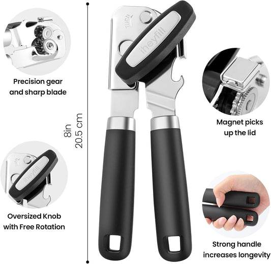 Manual Can Opener with Magnet Lid Lifter,Heavy Duty Handheld Tin Opener and Bottle Opener for Seniors with Smooth Edge Cut,Sharp Cutting Blade, Easy Turn Knob