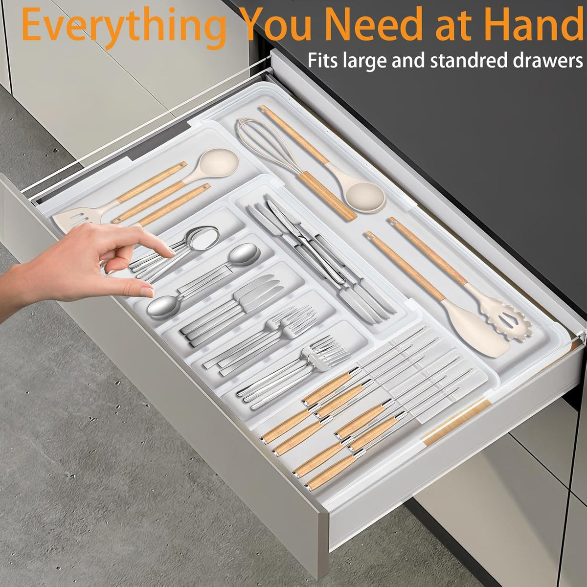 Silverware Organizer - Expandable Large Kitchen Drawer Organizer Utensil Organizer with 2 Removable Knife Blocks, 22"x 19"Cutlery Tray Drawer Dividers for Kitchen Flatware(6-9 Slots) (Black)