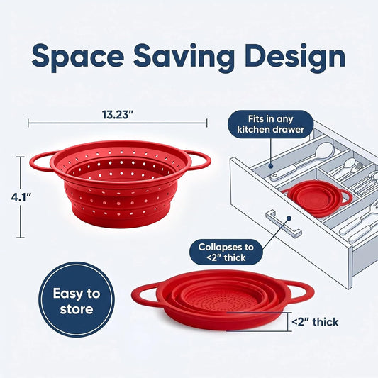 Collapsible Silicone Colander Strainer for Kitchen, Steel Rim Stable Foldable Strainer, BPA-Free Microplastic-Free,Heat-Resistant Steamer Basket, Stores Flat, Dishwasher Safe, Red