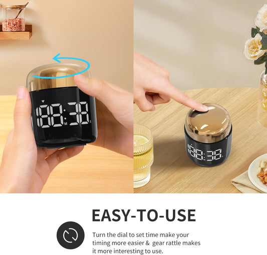 Kitchen Timer, 360 Rotate, Countup/Countdown, LED, Volume | Memory Function Back to School (Gold)