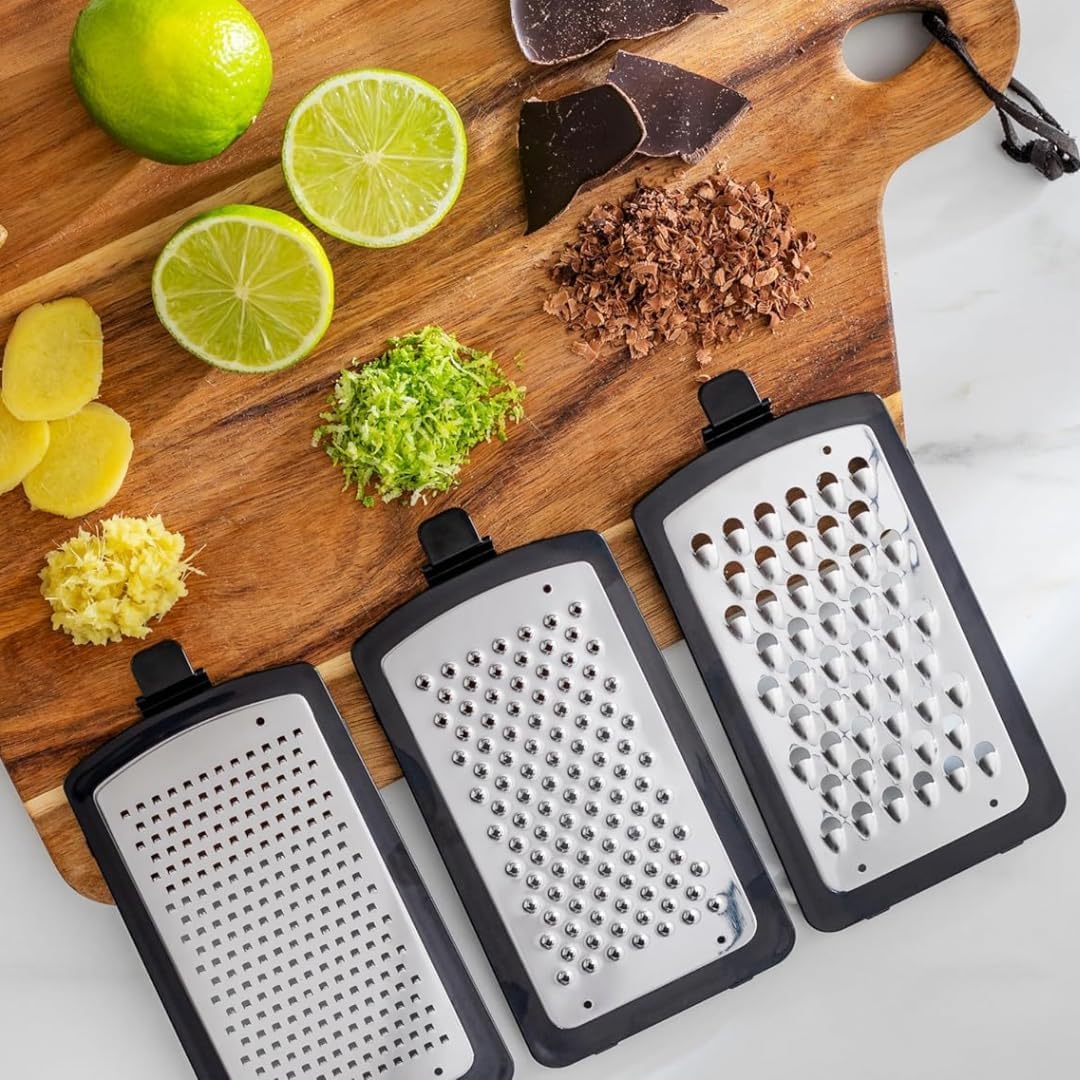 Plastic 3-in-1 Ergonomic Grater – 5x4x8in Multifunctional Cheese, Vegetable & Fruit Grater with Non-Slip Base and Comfortable Handle for Easy Kitchen Prep