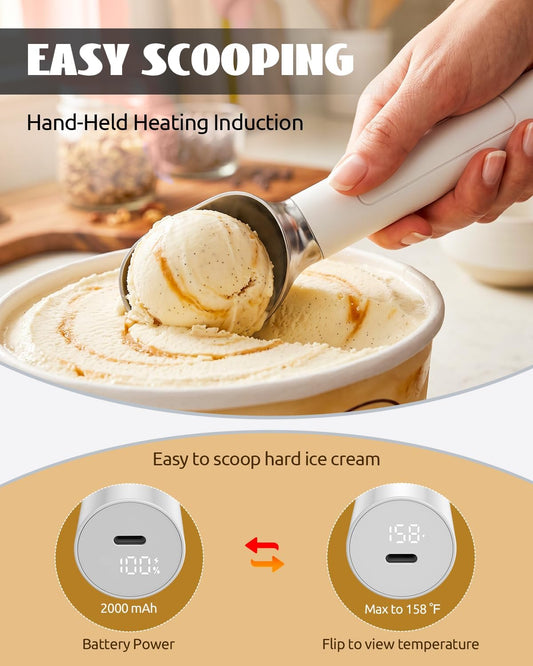 Heated Ice Cream Scoop - Rechargeable Electric Scooper for Hard Frozen Ice Cream, 158°F Fast Heating, LED Display, Food-Grade IP67 Waterproof, Cordless for Seniors & Kids