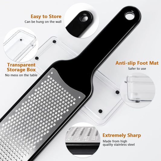 Citrus Lemon Zester & Cheese Grater with Container - Zester Grater with Handle for Parmesan Cheese, Ginger, Garlic, Nutmeg, Chocolate, Fruits, with Anti-Slip Base, Dishwasher Safe