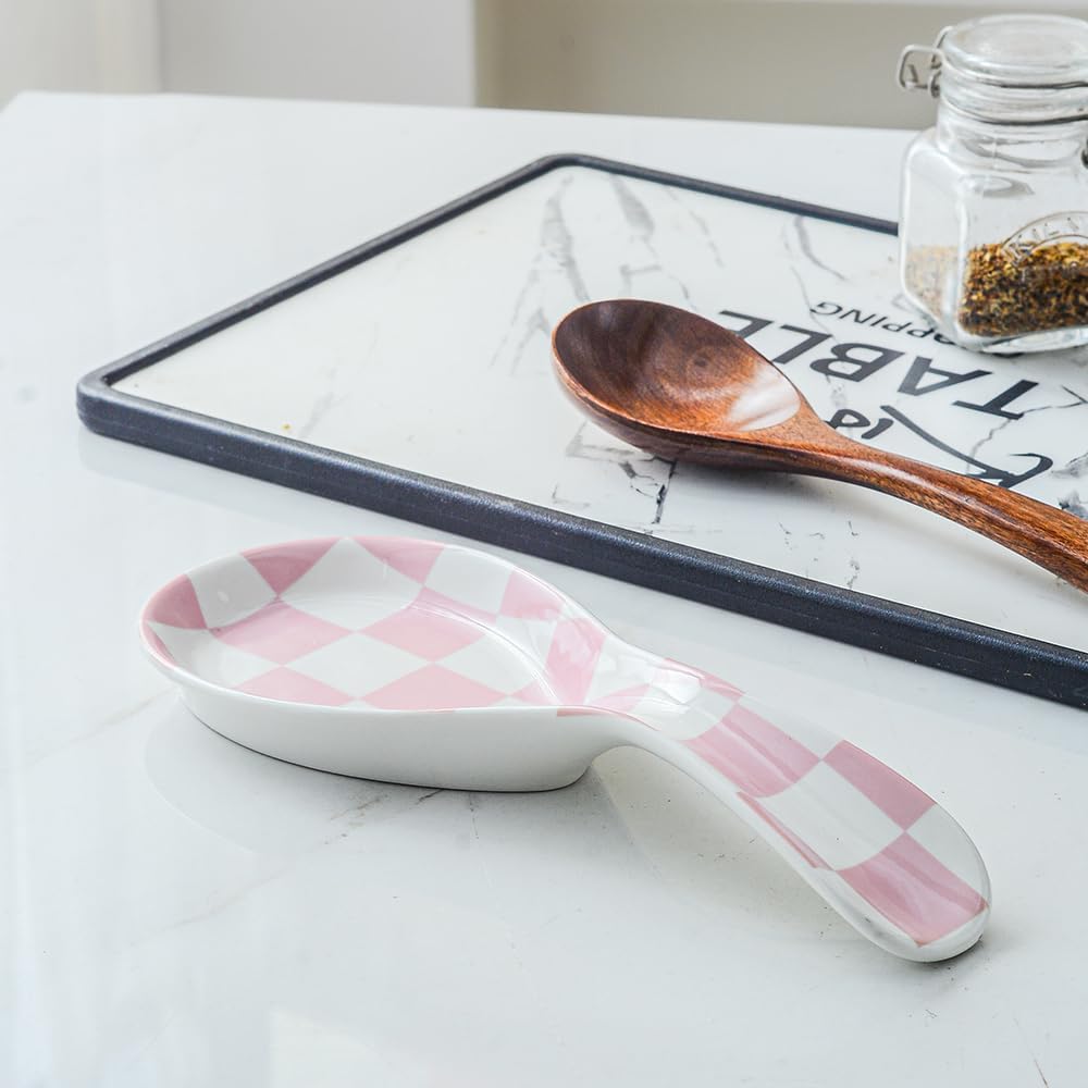Ceramic Spoon Rest for Stove Top, Checkered Spoon Holder Utensil Rest, Cute Spoon Rests for Coffee Bar Kitchen Decor Cooking Gift for Housewarming (Black)