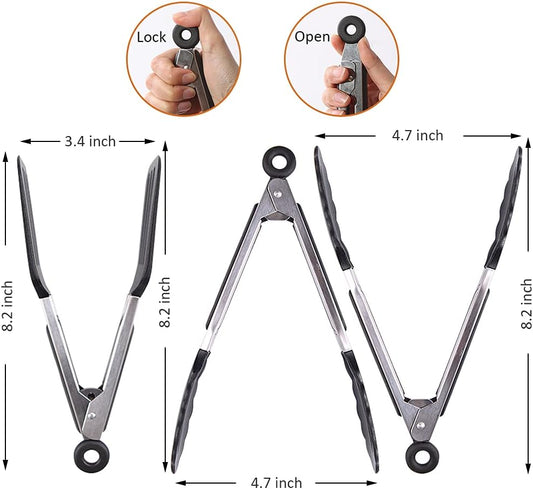 7 inch Mini Silicone Serving Tongs with Silicone Tips Set of 3 | Stainless Steel Handle, Non-Scratch, Heat Resistant, for Salads, Pasta, Steaks, Vegetables