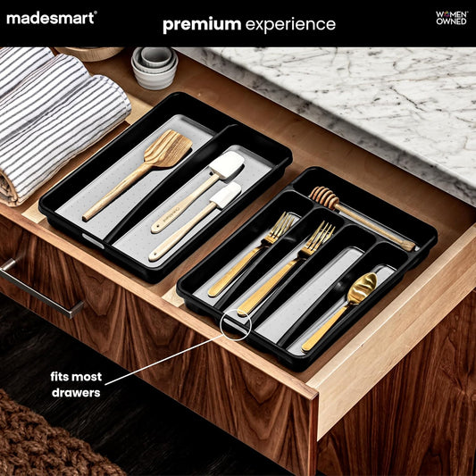 Classic 5 Compartment Compact Cutlery Tray, Carbon | non slip feet, rounded corners, branded icons, soft grip lining, forks knives spoons, flatware sorting, woman owned