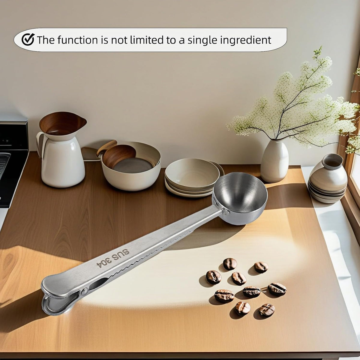 Stainless Steel Coffee Scoop&Seal Clip,2-in-1 Measuring Spoon for Ground Coffee,Tea, Sugar,Airtight Kitchen Storage,Dishwasher Safe,6.69-inch Length,Serrated Sealing Clip