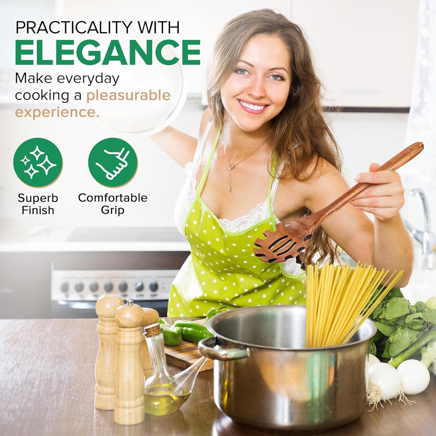 Wooden Pasta Spaghetti Noodle Slotted Spoon, Teak Wood, 12.8" | Non-Toxic, Strainer Spoon with Teeth, Cooking Fork Scoop Server Utensil with Claws, for Serving Stirring Collecting