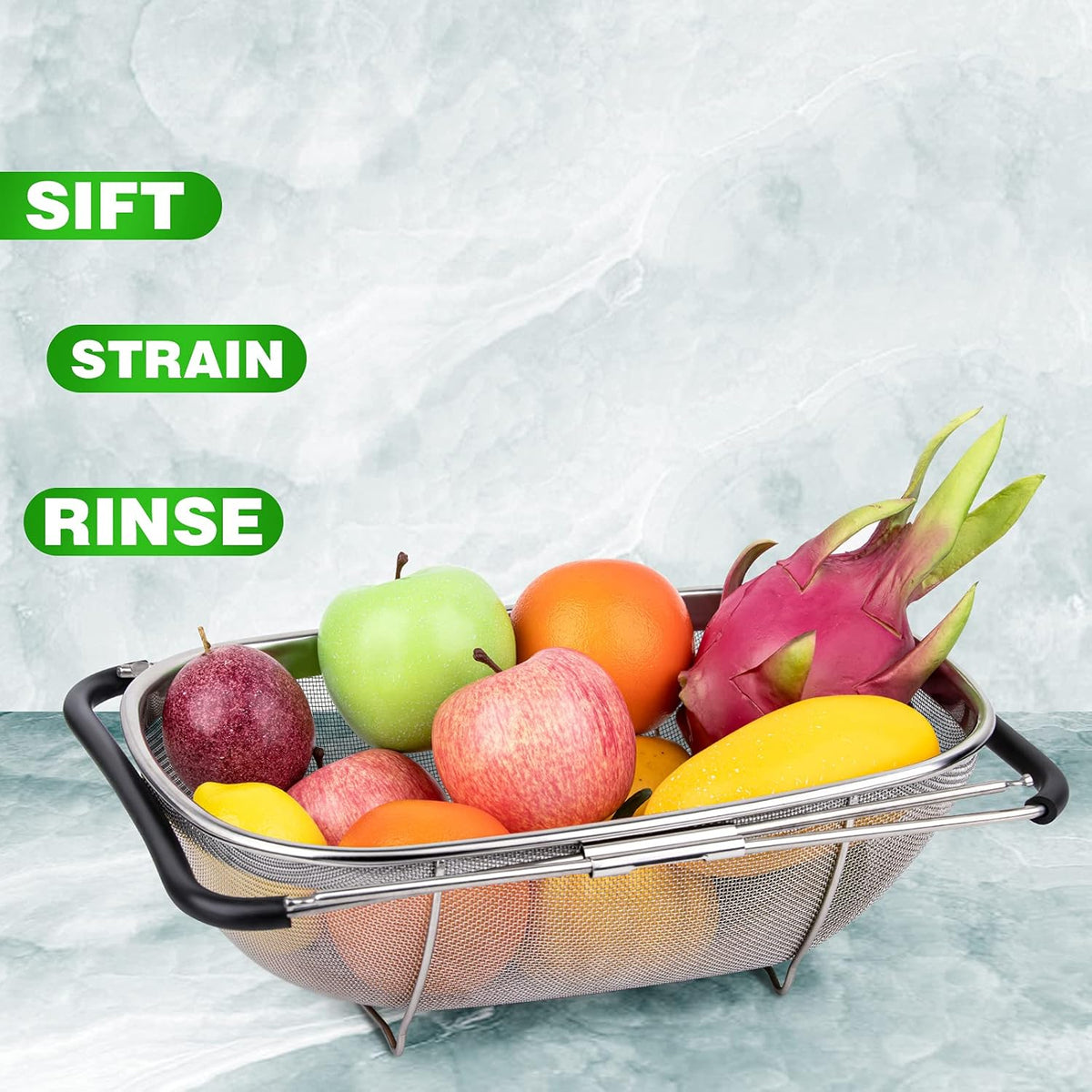 6-Quart Large Over The Sink Colander, Heavy Duty 40% Thicker 18/8 Stainless Steel Fine Mesh Strainer Basket with Expandable Rubber Grip Handles - Strain, Drain, Rinse Fruits, Vegetables