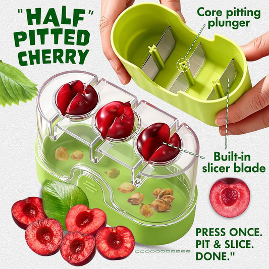 2-in-1 Cherry Pitter & Half Slicer, 3-Hole Cherry Remover with Container