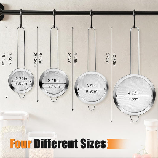 4PCS Fine Mesh Strainer Set, Premium Stainless Steel Fine Mesh Strainers, Food Fine Sieve with Non-Slip Handle, Perfect for Juice, Baking Flour, Drinks, Cocktails, Rice, Jam, Tea(2.8"/3.2"/3.9"/4.7")